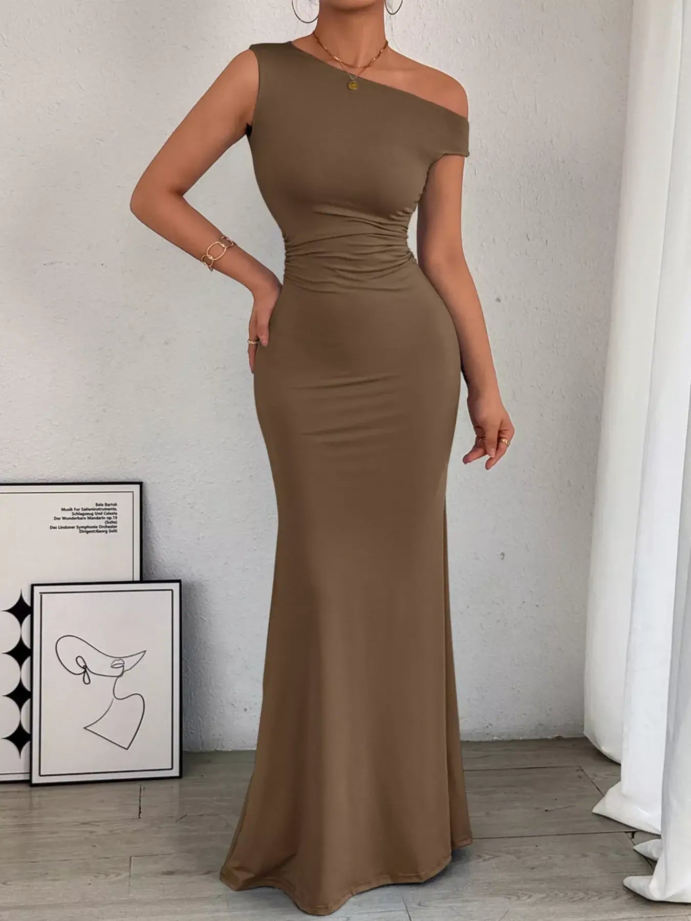 One-Shoulder Ruched Bodycon Maxi Dress - Trendsi - Flyclothing LLC