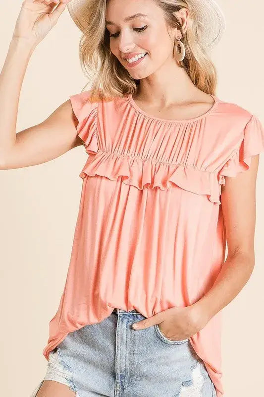 BiBi Jersey Knit Gathered Top with Ruffles - Trendsi - Flyclothing LLC