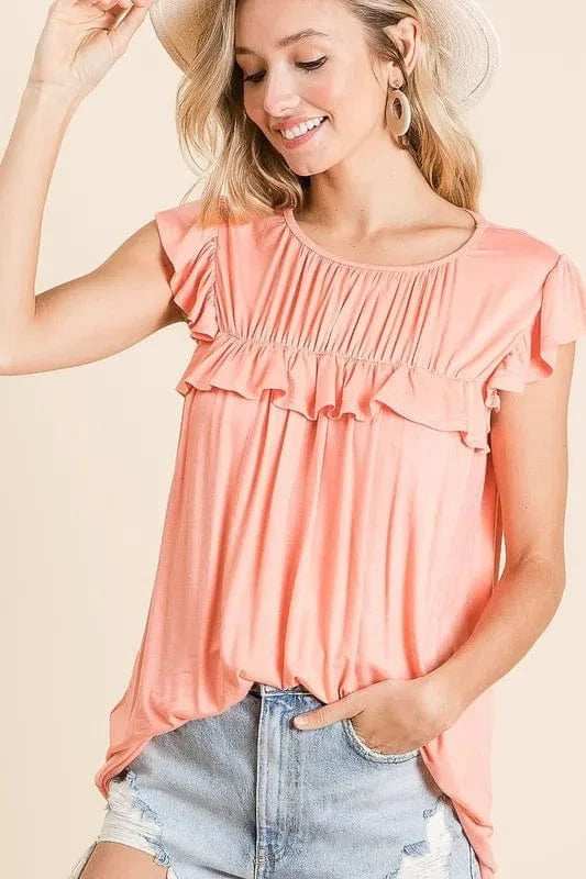 BiBi Jersey Knit Gathered Top with Ruffles - Trendsi - Flyclothing LLC