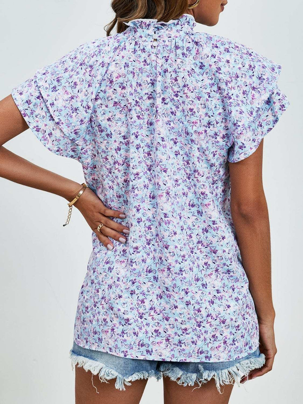 Ditsy Floral Mock Neck Flounce Sleeve Blouse - Trendsi - Flyclothing LLC