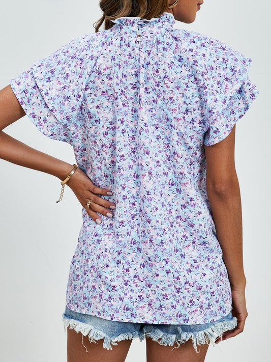 Ditsy Floral Mock Neck Flounce Sleeve Blouse - Trendsi