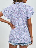 Ditsy Floral Mock Neck Flounce Sleeve Blouse - Trendsi
