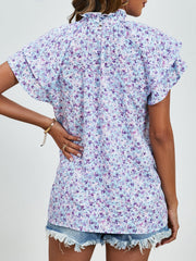Ditsy Floral Mock Neck Flounce Sleeve Blouse - Trendsi