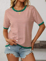 Mandy Striped Round Neck Half Sleeve Knit Top - Trendsi - Flyclothing LLC