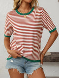 Mandy Striped Round Neck Half Sleeve Knit Top - Trendsi