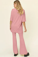 Double Take Full Size Round Neck Drop Shoulder T-Shirt and Flare Pants Set - Trendsi - Flyclothing LLC