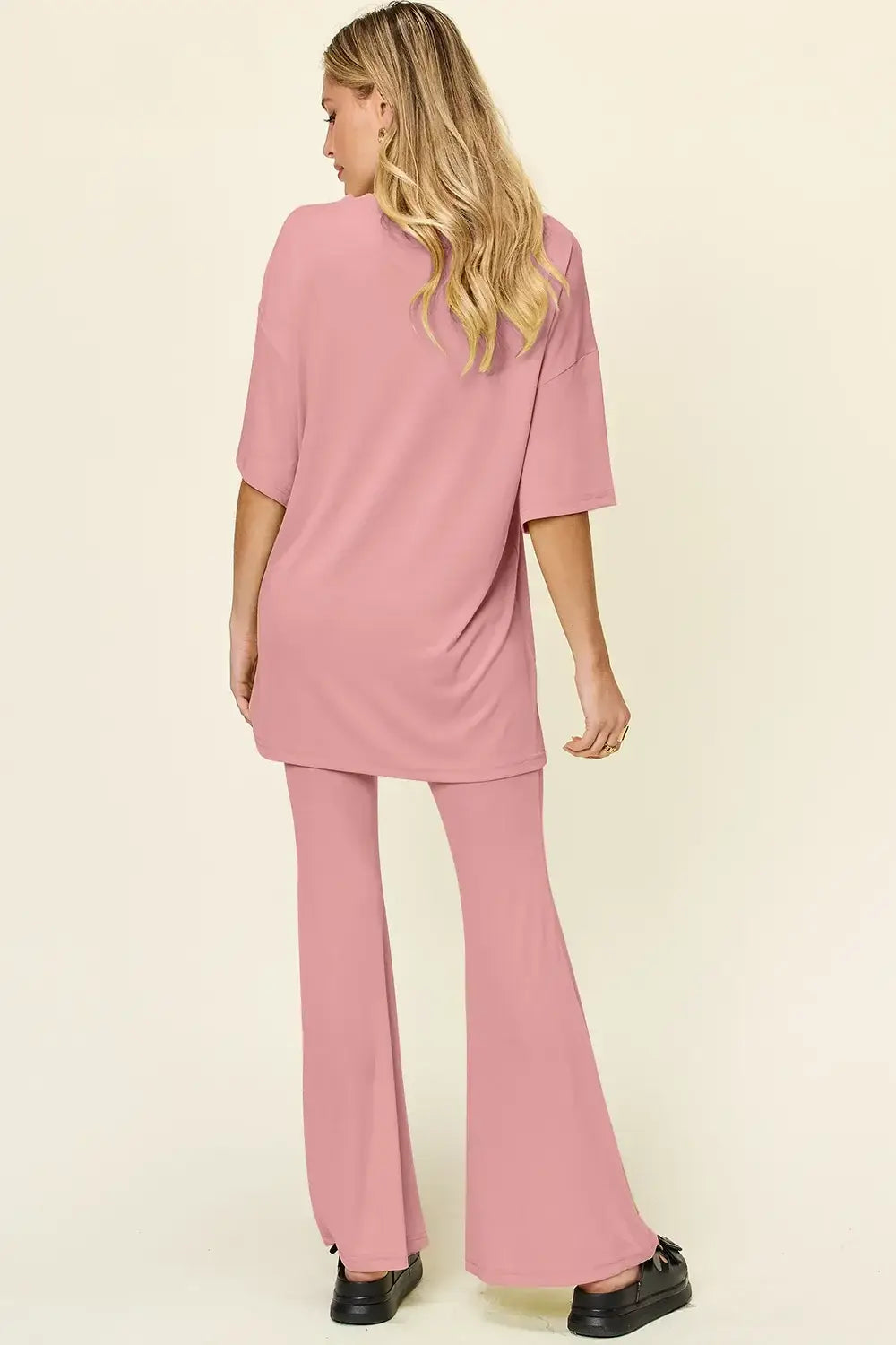 Double Take Full Size Round Neck Drop Shoulder T-Shirt and Flare Pants Set - Trendsi - Flyclothing LLC
