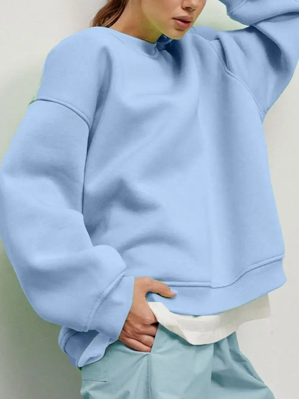 Round Neck Dropped Shoulder Long Sleeve Sweatshirt - Trendsi - Flyclothing LLC