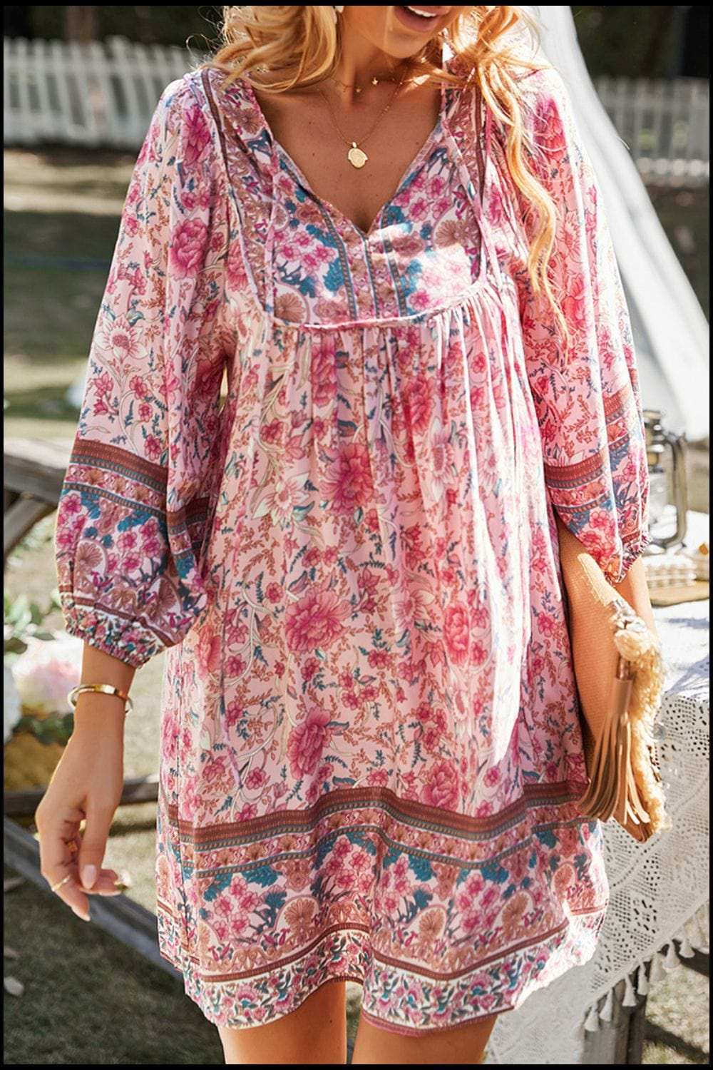 Devine Printed Tie Neck Mini Dress - Trendsi - Flyclothing LLC