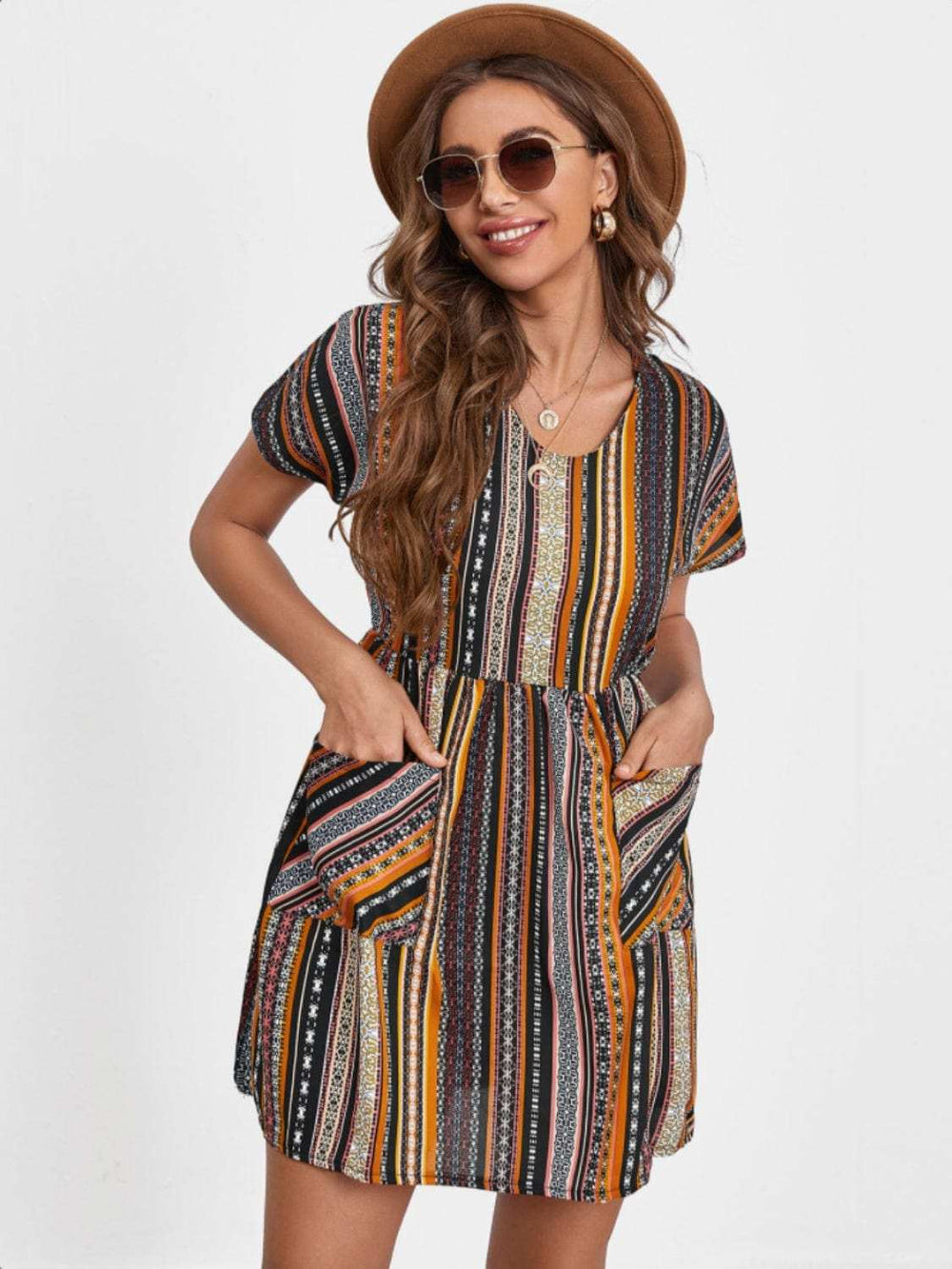 Pocketed Striped Short Sleeve Dress - Trendsi - Flyclothing LLC