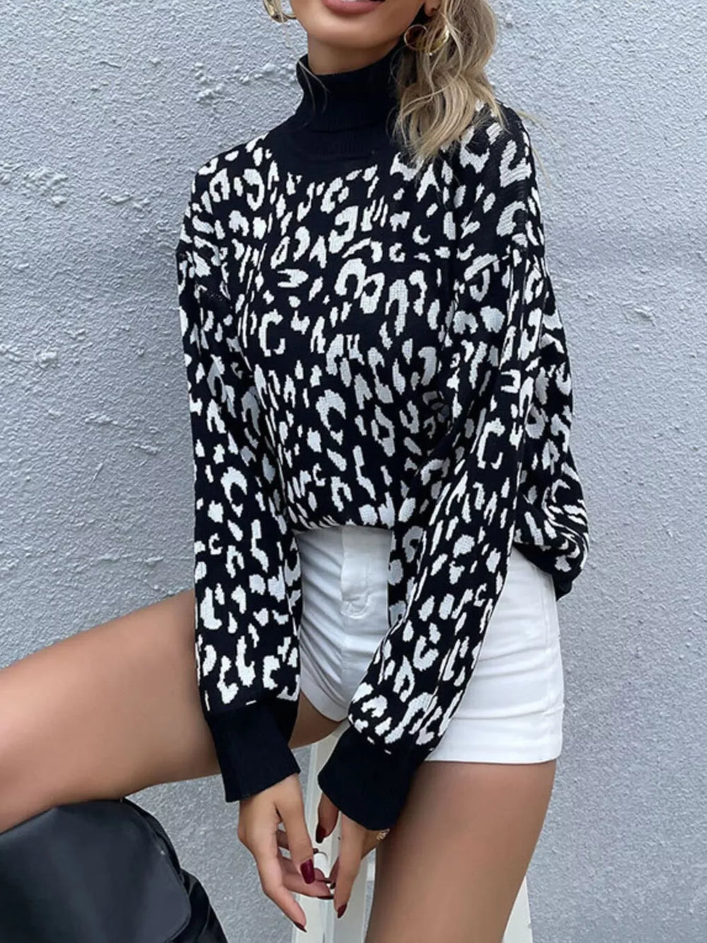 Leopard High Neck Pullover Sweater - Trendsi - Flyclothing LLC