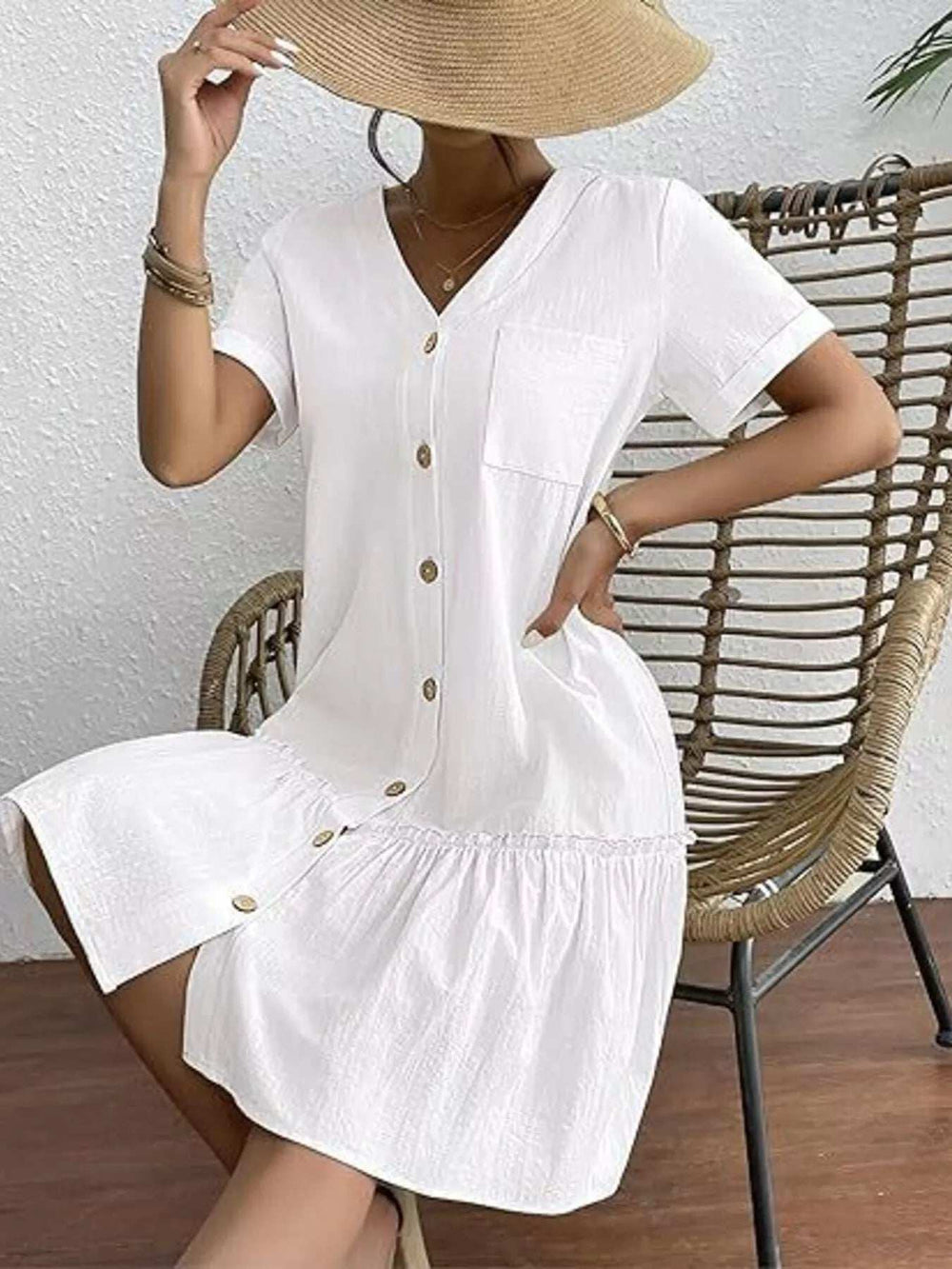 Full Size Button-Front Short Sleeve Tiered Dress Plus Size - Trendsi - Flyclothing LLC