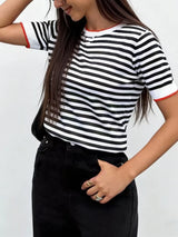 Contrast Trim Striped Short Sleeve Knit Top - Trendsi - Flyclothing LLC