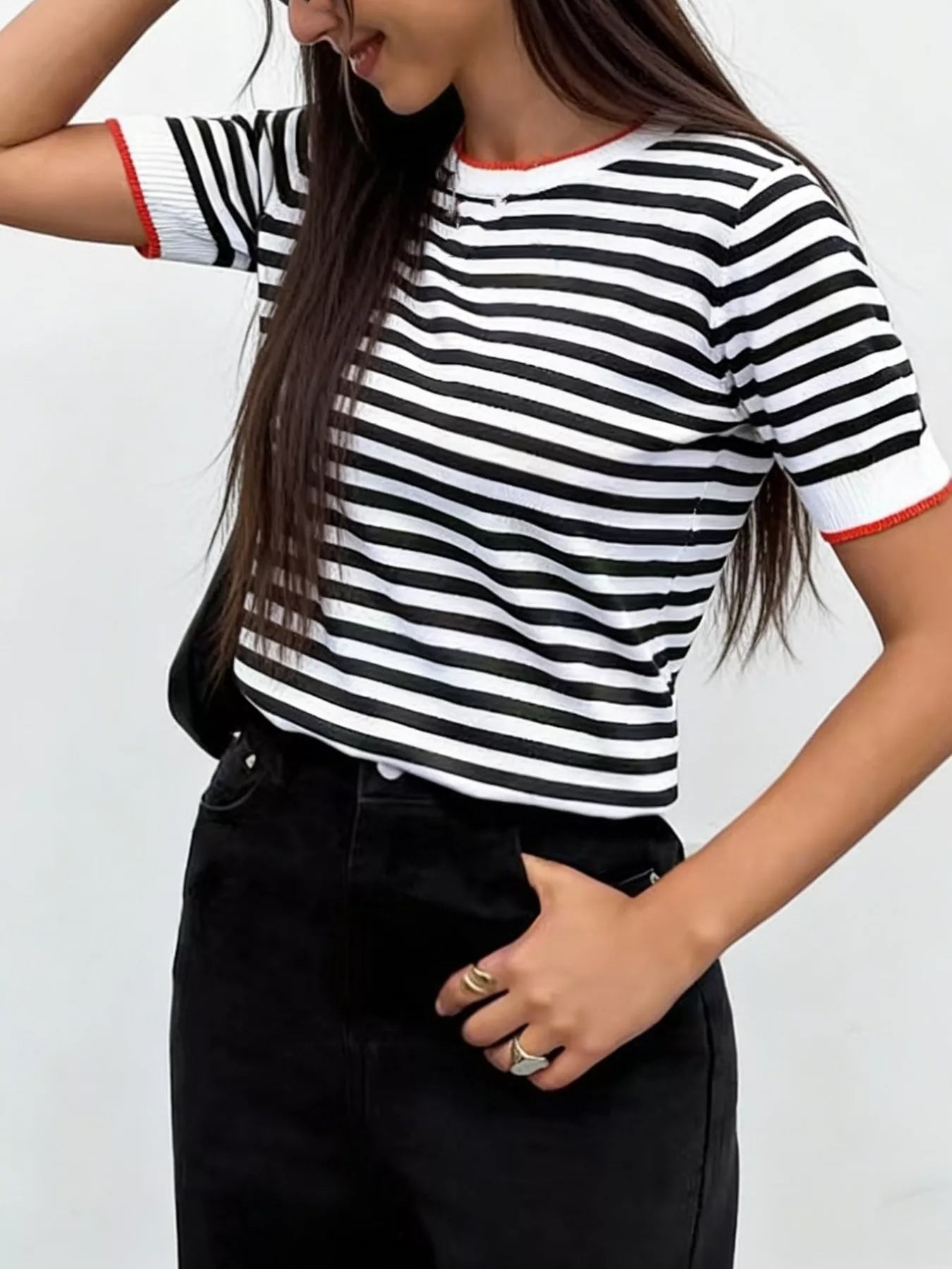 Contrast Trim Striped Short Sleeve Knit Top - Trendsi - Flyclothing LLC