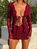 Devine Tied Front Ruffled Long Sleeve Lace Shirt - Trendsi - Flyclothing LLC