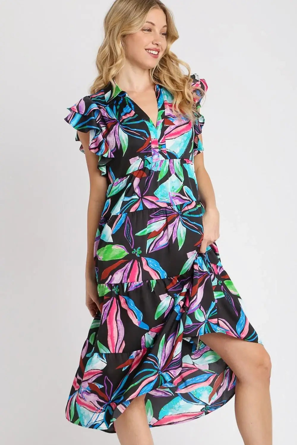 Umgee Full Size Leaf Print Double Layered Ruffle Sleeve Tiered Midi Dress Plus Size - Trendsi - Flyclothing LLC
