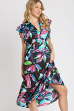 Umgee Full Size Leaf Print Double Layered Ruffle Sleeve Tiered Midi Dress Plus Size - Trendsi