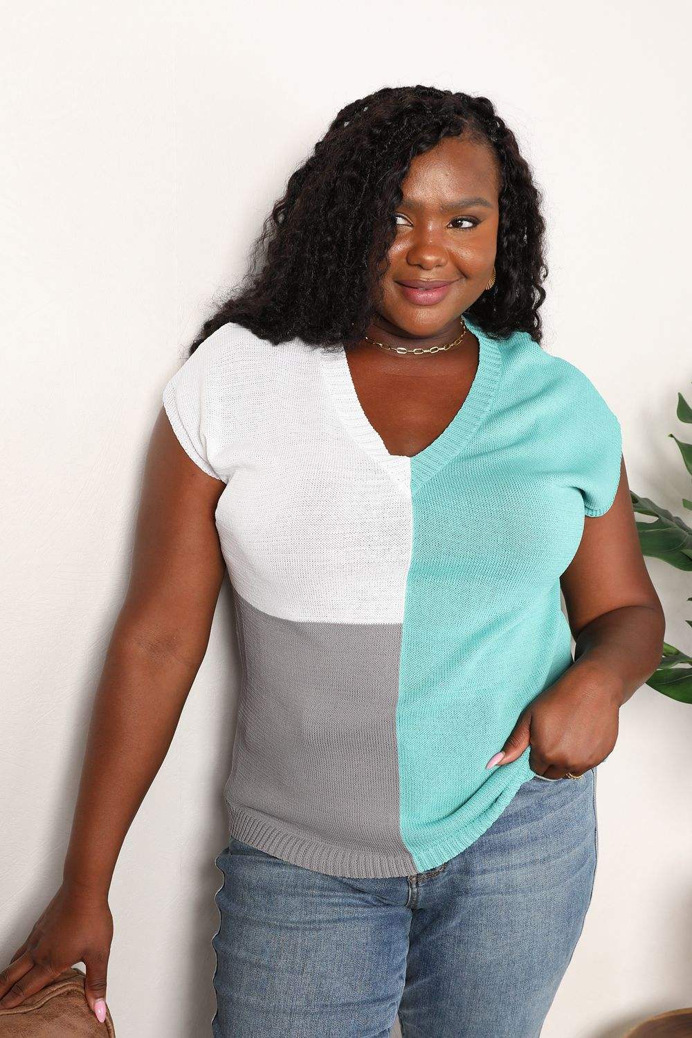 Color Block V-Neck Knit Top - Trendsi - Flyclothing LLC