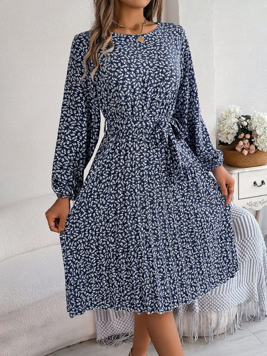 Ditsy Floral Tie Waist Pleated Dress - Trendsi