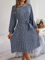Ditsy Floral Tie Waist Pleated Dress - Trendsi - Flyclothing LLC