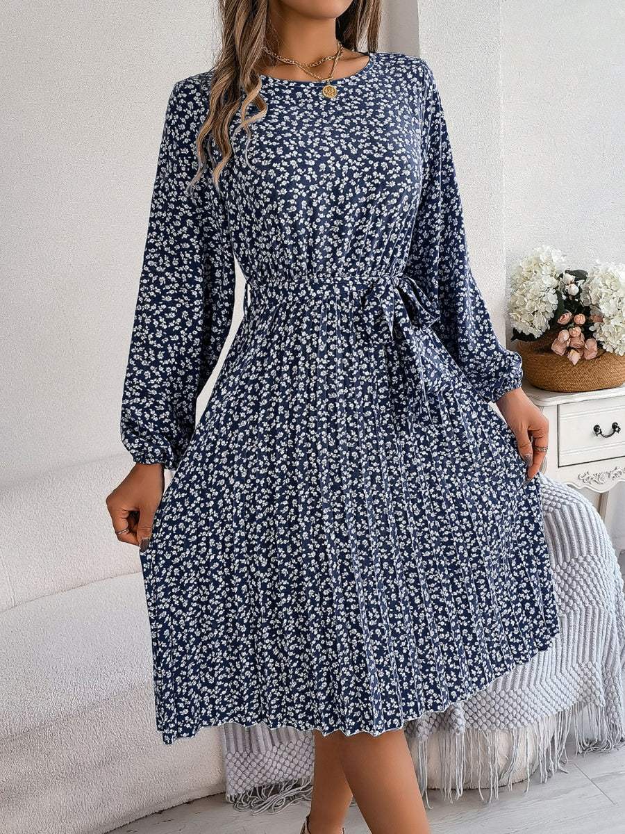 Ditsy Floral Tie Waist Pleated Dress - Trendsi - Flyclothing LLC