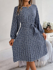 Ditsy Floral Tie Waist Pleated Dress - Trendsi
