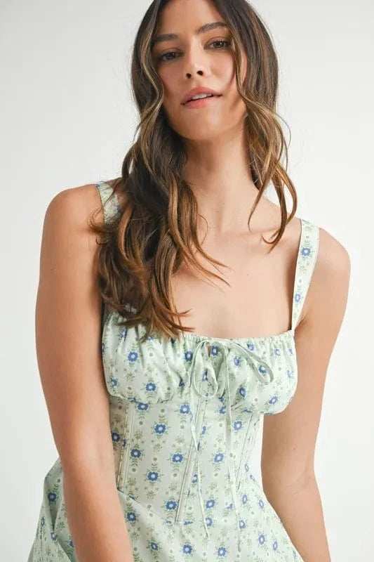MABLE Floral Print Bustier Back Lace Up Midi Dress - Trendsi - Flyclothing LLC