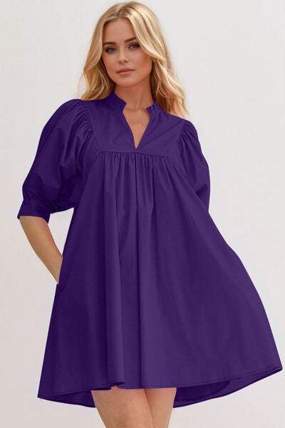 Oh Frill Notched Puff Sleeve Babydoll Mini Dress - Trendsi - Flyclothing LLC