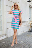 Tied Contrast Striped Short Sleeve Mini Tee Dress - Trendsi - Flyclothing LLC