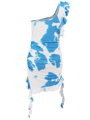 Ruffled Tie-Dye Single Shoulder Mini Dress - Trendsi