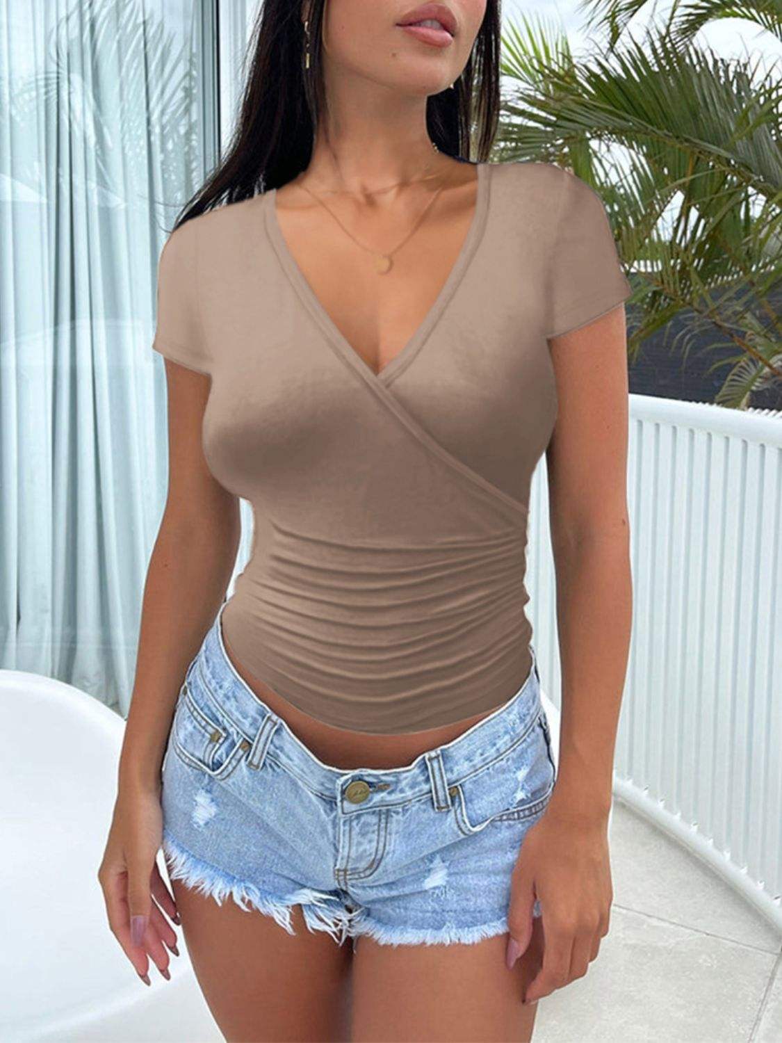 Devine Surplice Short Sleeve T-Shirt - Trendsi - Flyclothing LLC