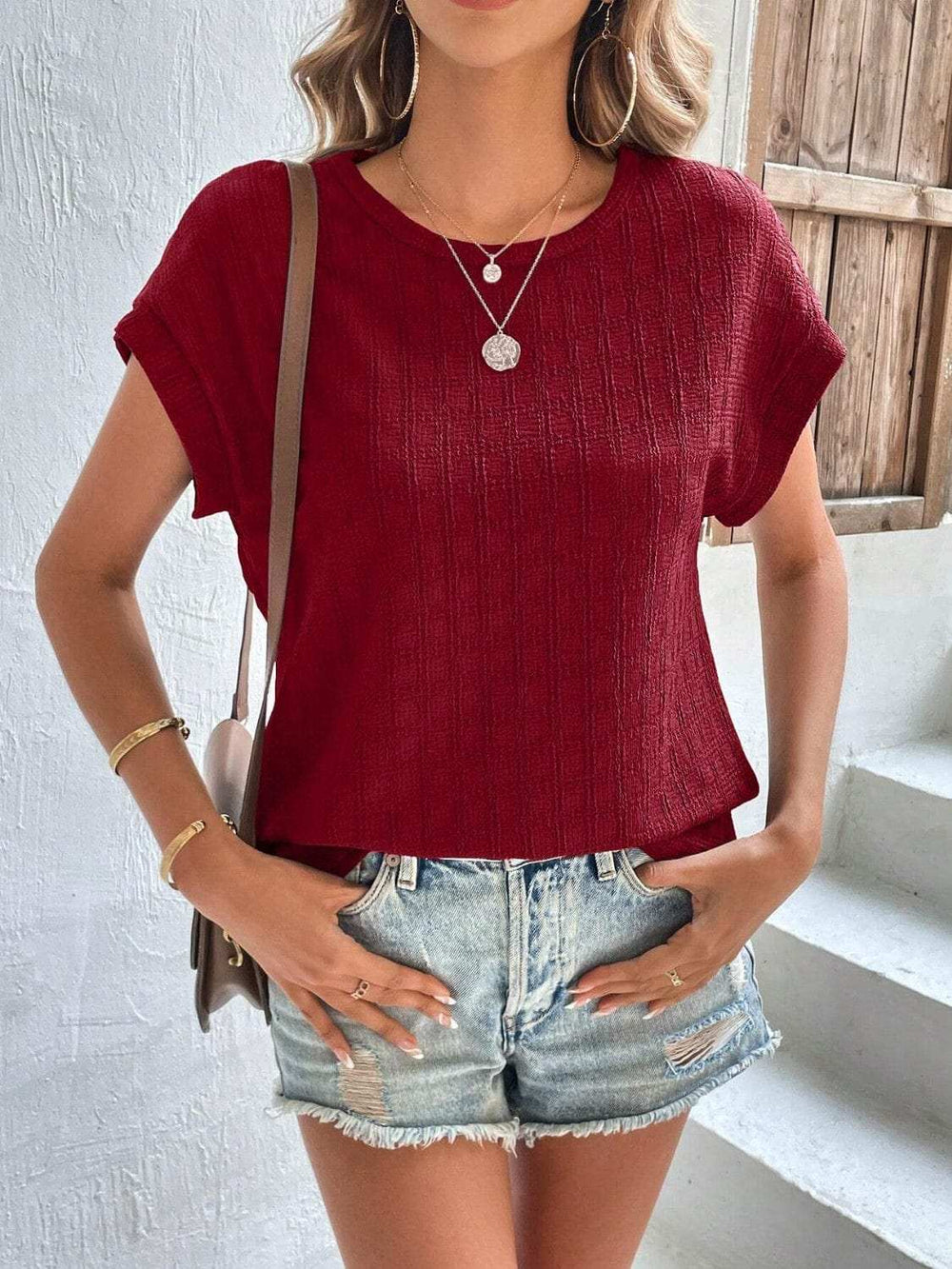 Textured Round Neck Short Sleeve Top - Trendsi - Flyclothing LLC