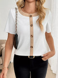 Decor Button Round Neck Short Sleeve Blouse - Trendsi - Flyclothing LLC