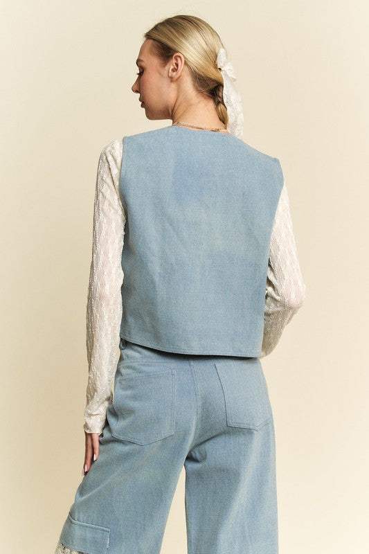 Davi & Dani Lace Patch Open Front Denim Vest - Trendsi - Flyclothing LLC