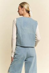 Davi & Dani Lace Patch Open Front Denim Vest - Trendsi - Flyclothing LLC