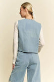 Davi & Dani Lace Patch Open Front Denim Vest - Trendsi