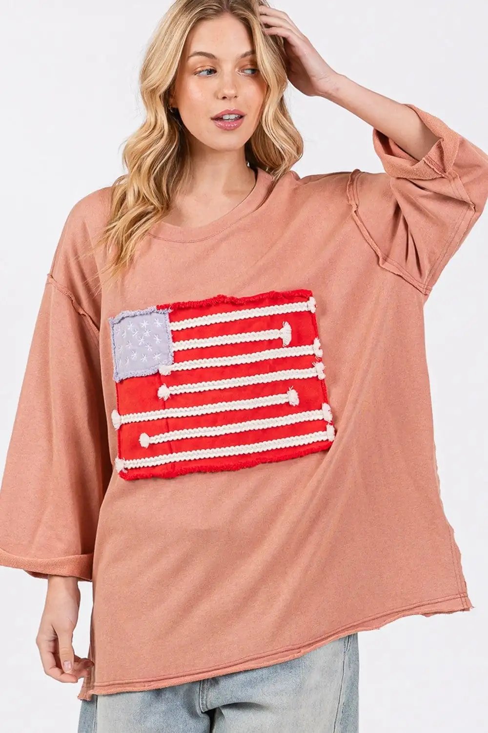 SAGE + FIG Full Size American Flag Patch Drop Shoulder T-Shirt - Trendsi
