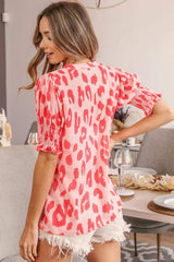 BiBi Leopard Smocked Short Sleeve Blouse - Trendsi - Flyclothing LLC