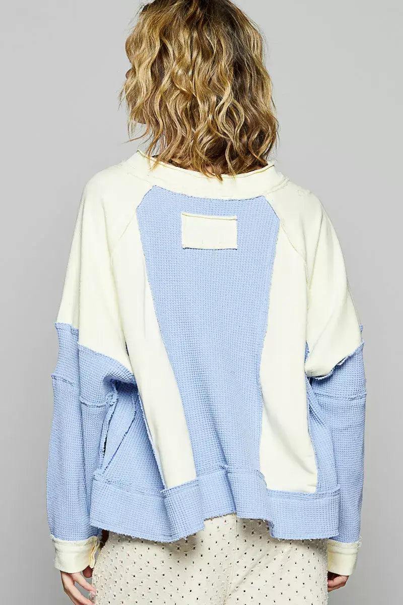 POL Color Block Waffle Knit Raw Hem Sweatshirt - Trendsi - Flyclothing LLC