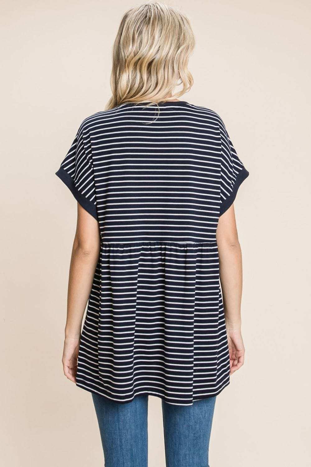 Cotton Bleu by Nu Label Striped Button Front Baby Doll Top - Trendsi - Flyclothing LLC