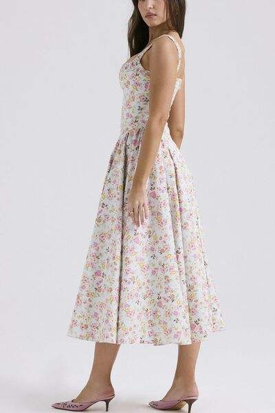 Floral Square Neck Wide Strap Midi Dress - Trendsi - Flyclothing LLC
