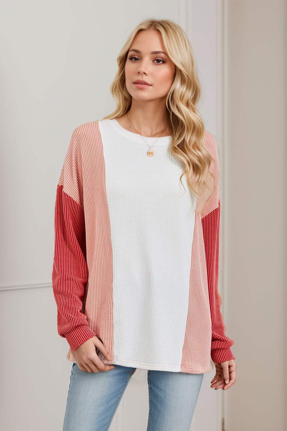 Double Take Texture Contrast Round Neck Long Sleeve T-Shirt - Trendsi - Flyclothing LLC