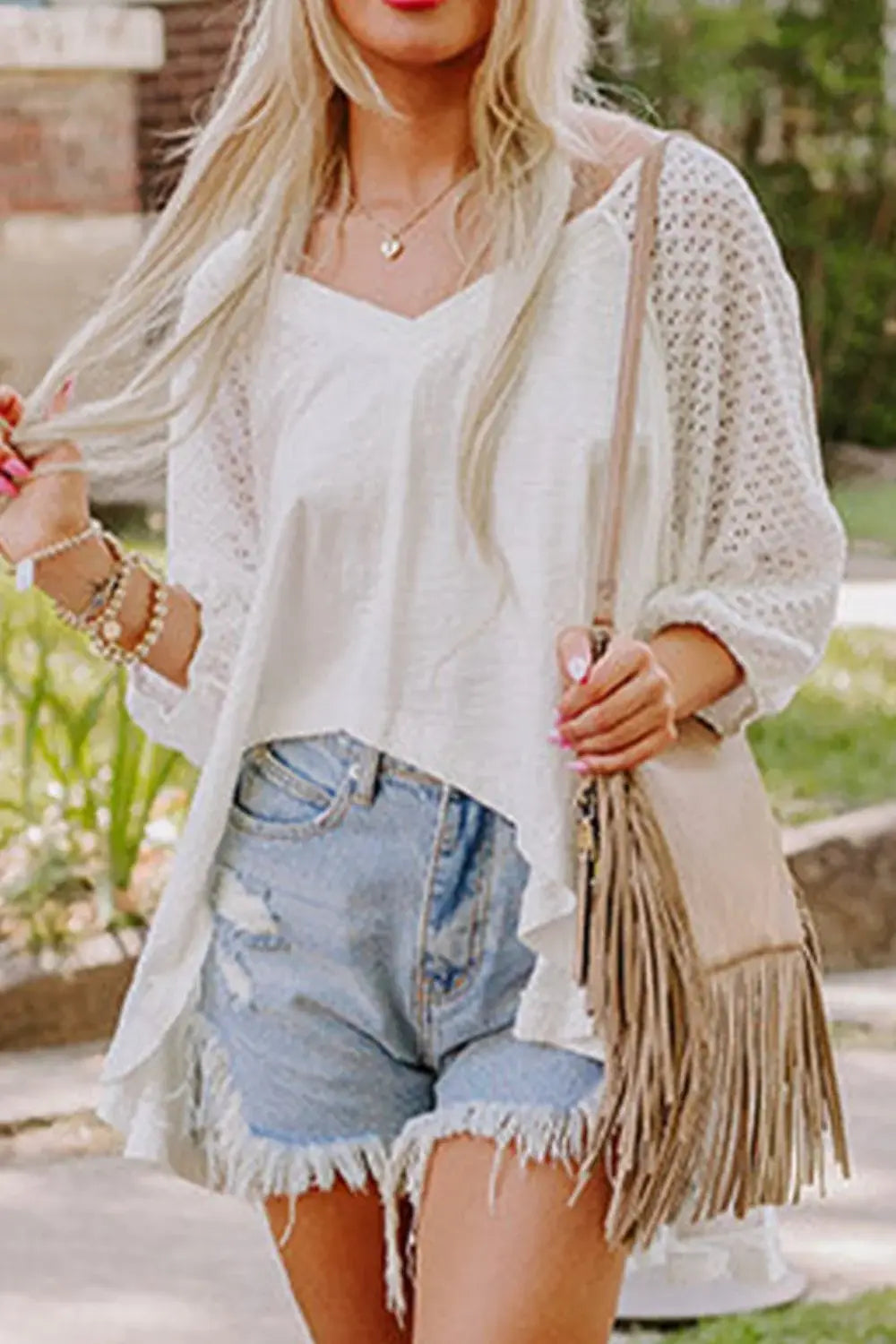 Openwork High Low Hem V Neck Oversized Top - Trendsi - Flyclothing LLC