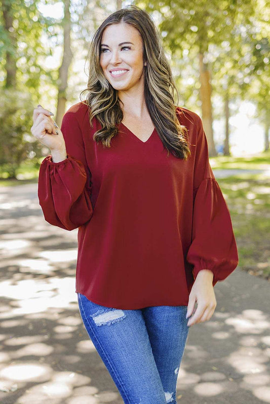 Ruched Notched Balloon Sleeve Blouse - Trendsi - Flyclothing LLC