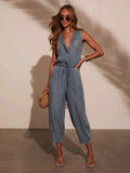 Sleeveless Drawstring Waist Washed Denim Jumpsuit - Trendsi - Flyclothing LLC