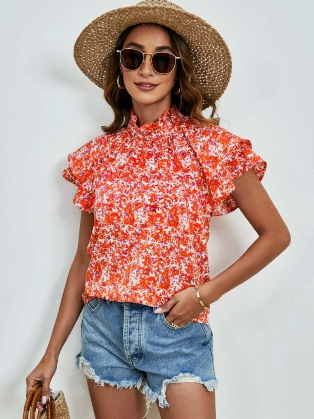 Ditsy Floral Mock Neck Flounce Sleeve Blouse - Trendsi - Flyclothing LLC