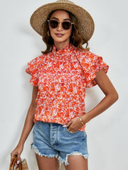 Ditsy Floral Mock Neck Flounce Sleeve Blouse - Trendsi