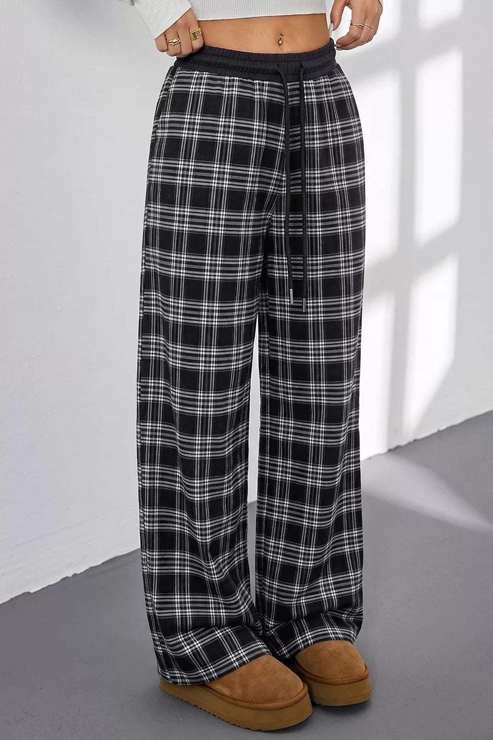 Plaid Wide-Leg Drawstring Pants - Trendsi - Flyclothing LLC