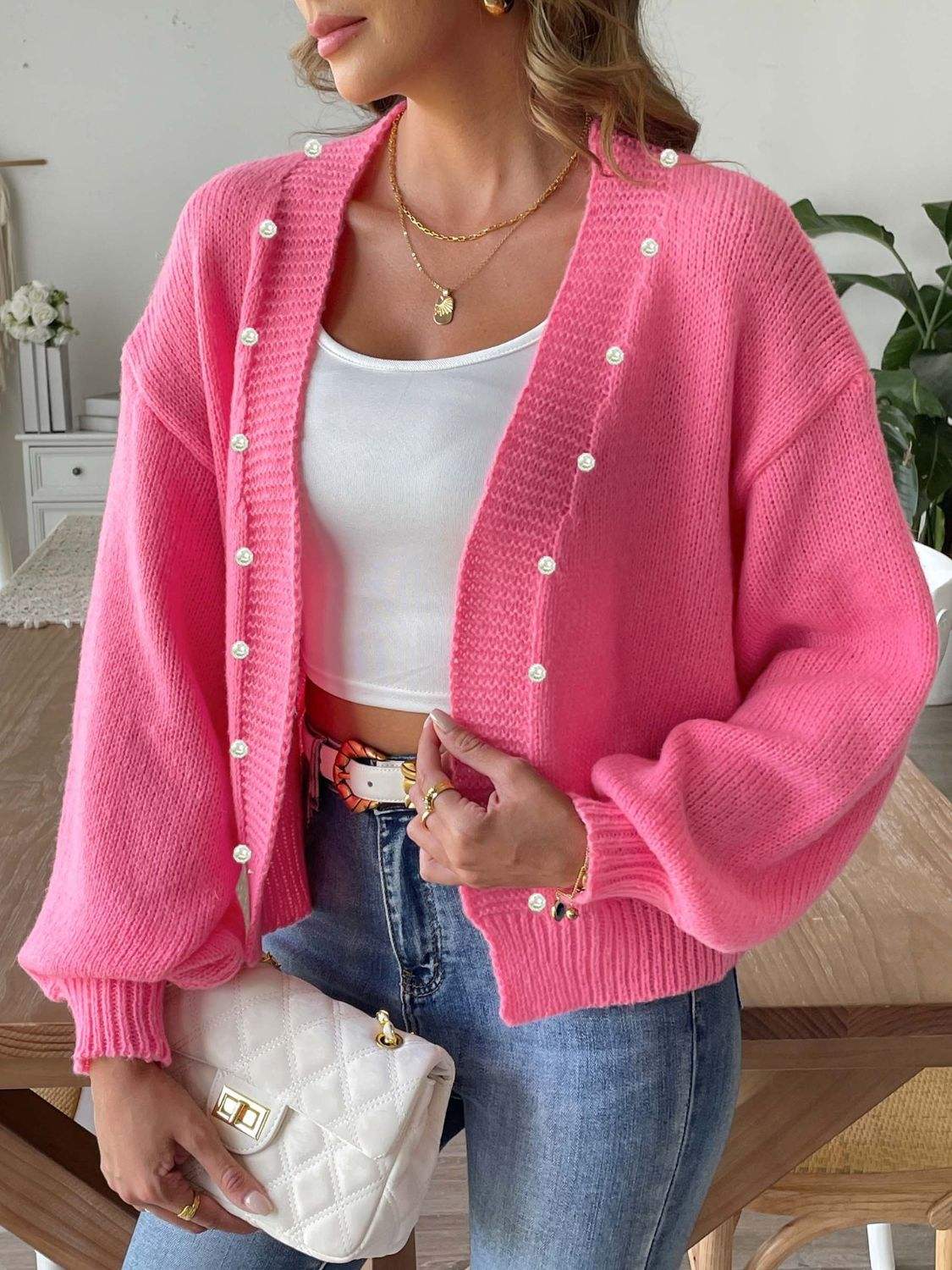 Pearl Open Front Long Sleeve Cardigan - Trendsi - Flyclothing LLC