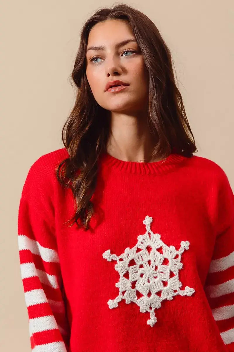 SO ME Christmas Snowflake Crochet Embellished Sweater - Trendsi - Flyclothing LLC